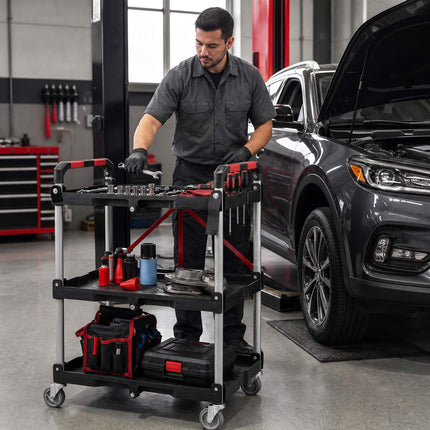 3-Tier Folding Utility Cart with Swivel Wheels and Brakes, Black, 90 kg Load