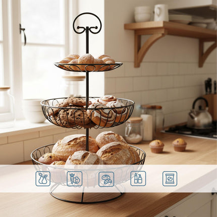 3-Tier Fruit Bowl, Round Wire Stand for Fresh Produce