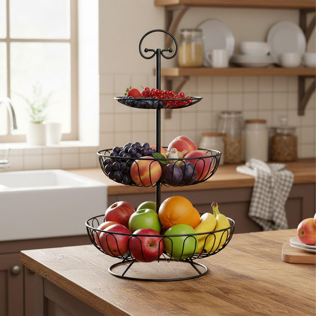 3-Tier Fruit Bowl, Round Wire Stand for Fresh Produce