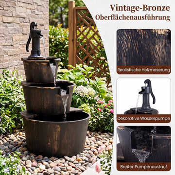 3-Tier Garden Fountain, Wood Barrel Design, Adjustable Pump