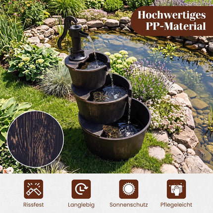 3-Tier Garden Fountain, Wood Barrel Design, Adjustable Pump