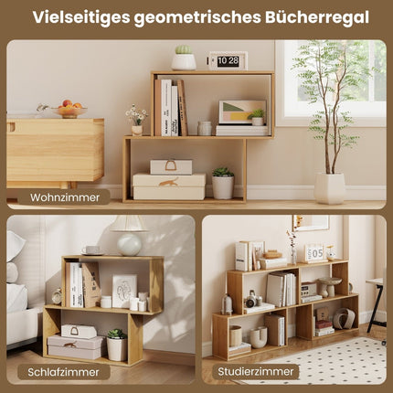 3-Tier Geometric Bookshelf, Freestanding Wood, Natural