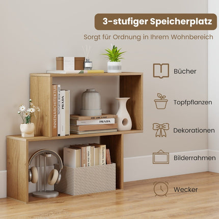 3-Tier Geometric Bookshelf, Freestanding Wood, Natural