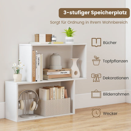 3-Tier Geometric Bookshelf, White Wood, 2 Cube Shelves