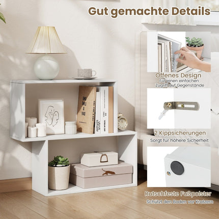 3-Tier Geometric Bookshelf, White Wood, 2 Cube Shelves