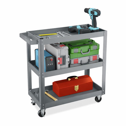 3-Tier Grey Tool Trolley with Shelves and Wheels