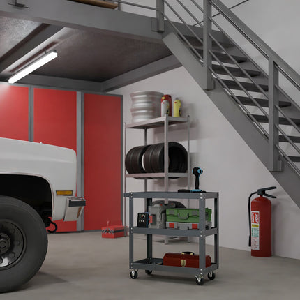 3-Tier Grey Tool Trolley with Shelves and Wheels
