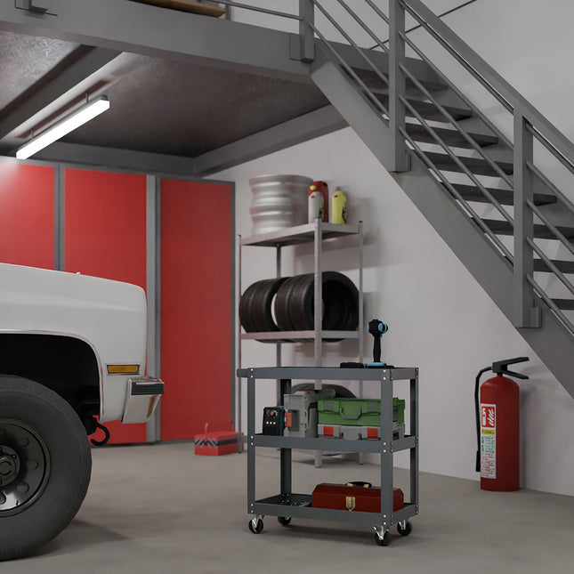 3-Tier Grey Tool Trolley with Shelves and Wheels