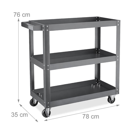 3-Tier Grey Tool Trolley with Shelves and Wheels