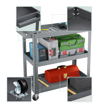 3-Tier Grey Tool Trolley with Shelves and Wheels