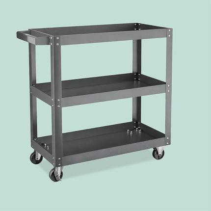 3-Tier Grey Tool Trolley with Shelves and Wheels