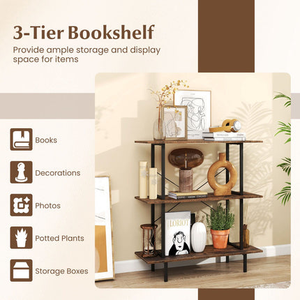 3-Tier Industrial Bookshelf, Metal Frame, Rustic Brown