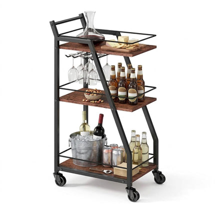 3-Tier Industrial Kitchen Trolley with Glass Rack