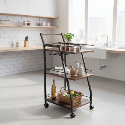 3-Tier Industrial Kitchen Trolley with Glass Rack