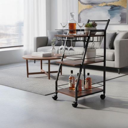 3-Tier Industrial Kitchen Trolley with Glass Rack