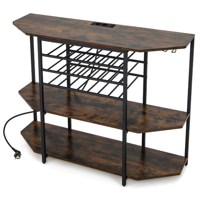 3 Tier Industrial Wine Rack with Sockets & Bottle Rack & Glass Holders Wine Bar Cabinet Brown