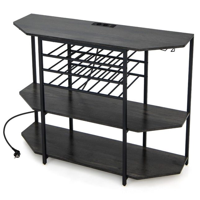 3 Tier Industrial Wine Rack with Sockets & Bottle Rack & Glass Holders Wine Bar Cabinet Gray