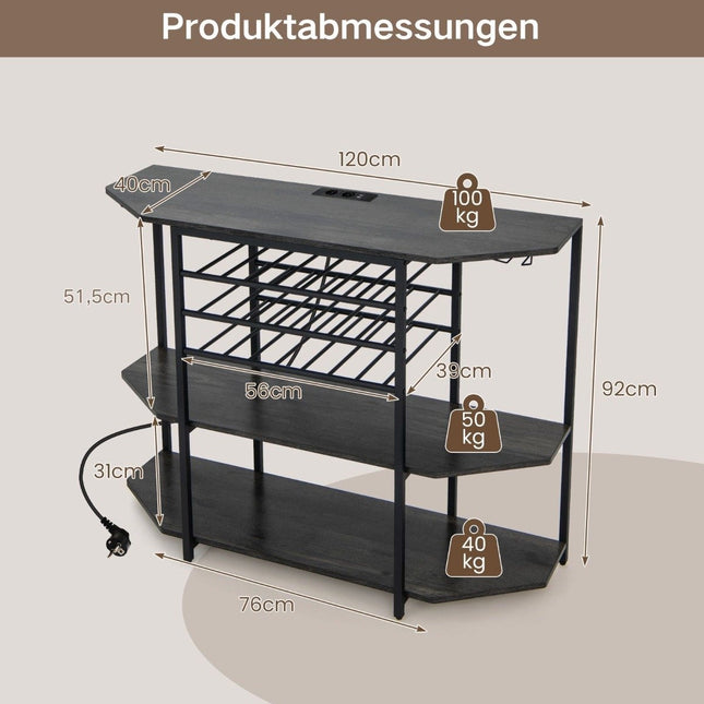 3 Tier Industrial Wine Rack with Sockets & Bottle Rack & Glass Holders Wine Bar Cabinet Gray