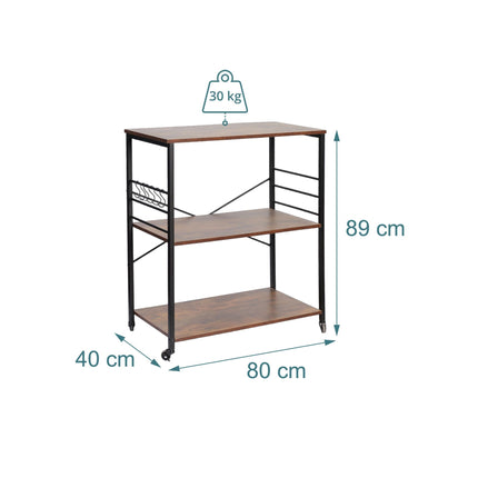 3-Tier Kitchen Cart With Wheels, 6 S-Hooks
