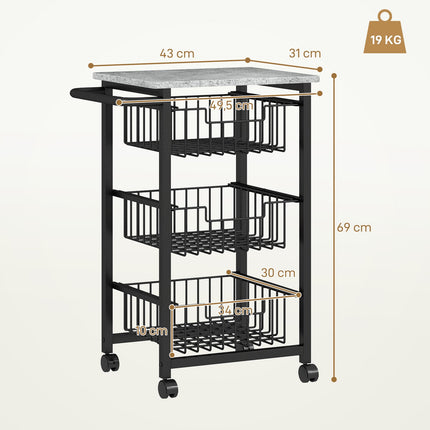 3-Tier Kitchen Cart on Wheels with Steel Baskets
