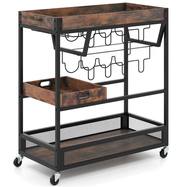 3-Tier Kitchen Cart with Tray, Glass Holder, Wine Rack