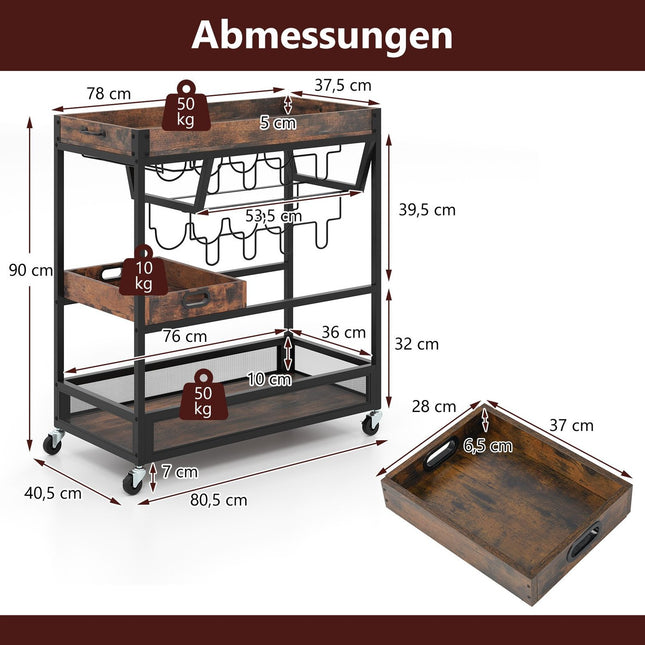 3-Tier Kitchen Cart with Tray, Glass Holder, Wine Rack