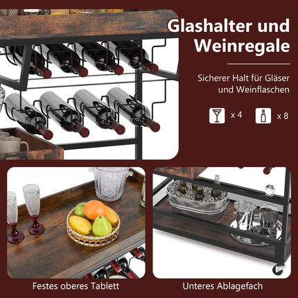 3-Tier Kitchen Cart with Tray, Glass Holder, Wine Rack