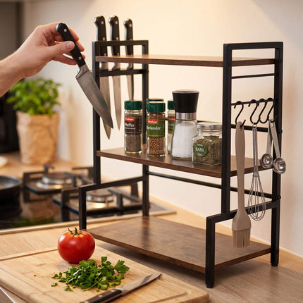 3-Tier Kitchen Shelf with Hooks and Knife Holder