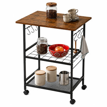 3-Tier Kitchen Trolley, Brown – Metal & MDF, Lockable Wheels