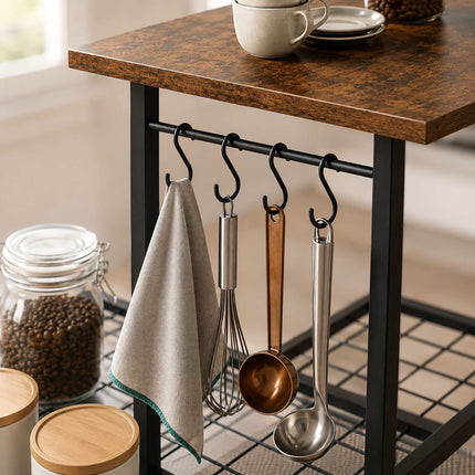 3-Tier Kitchen Trolley, Brown – Metal & MDF, Lockable Wheels