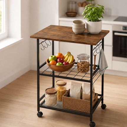 3-Tier Kitchen Trolley, Brown – Metal & MDF, Lockable Wheels