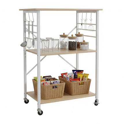 3-Tier Kitchen Trolley with Hooks and Wheels