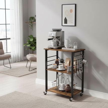3-Tier Kitchen Trolley with Hooks and Wheels