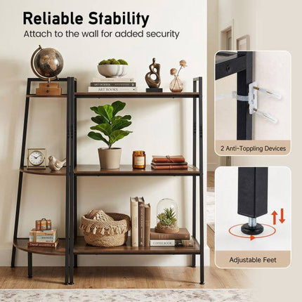 3-Tier Ladder & Corner Shelf Set, Metal Frame, Rustic Brown