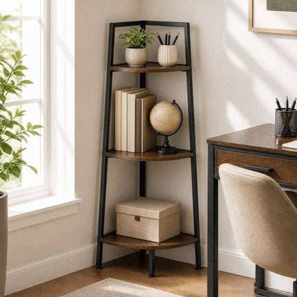 3-Tier Ladder & Corner Shelf Set, Metal Frame, Rustic Brown