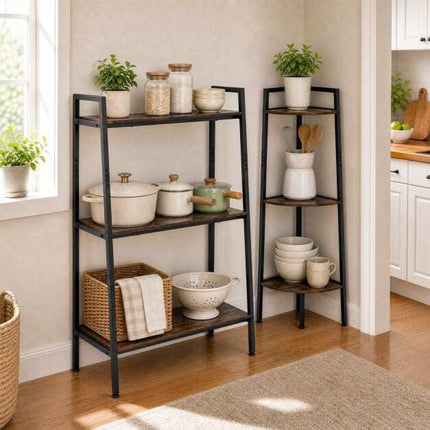 3-Tier Ladder & Corner Shelf Set, Metal Frame, Rustic Brown