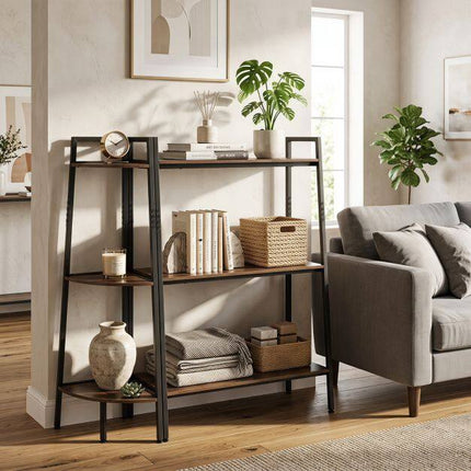 3-Tier Ladder & Corner Shelf Set, Metal Frame, Rustic Brown