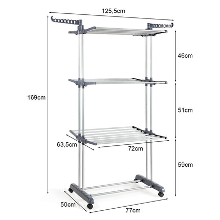 3-Tier Laundry Drying Rack, Foldable, Wheeled, 169 cm