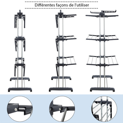 3-Tier Laundry Drying Rack, Foldable, Wheeled, 169 cm