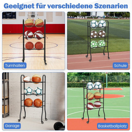3-Tier Metal Basketball Rack with Wheels – Holds 6 Balls