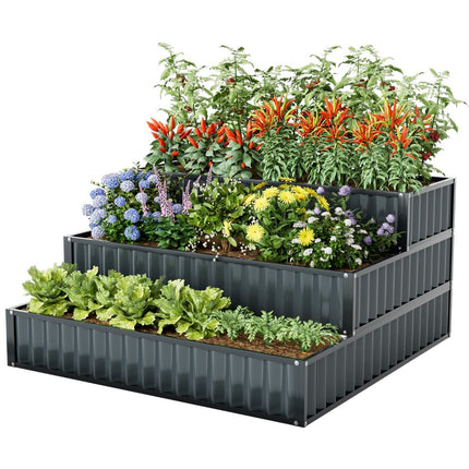 3-Tier Metal Raised Garden Bed with Open Base, 118x118x61 cm