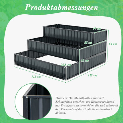 3-Tier Metal Raised Garden Bed with Open Base, 118x118x61 cm