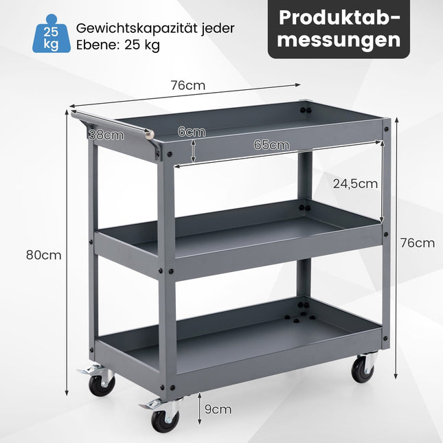 Metalen rolwagen met 3 etages en ergonomische handgreep, grijs