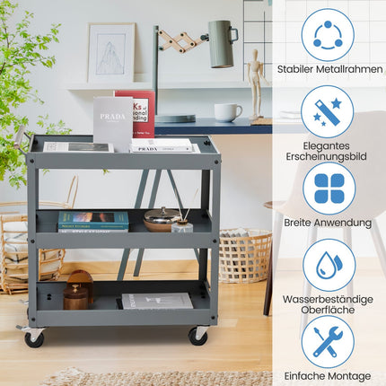 3-Tier Metal Rolling Cart with Ergonomic Handle, Gray