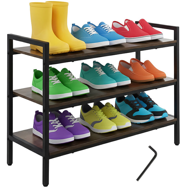 3-laags metalen schoenenrek met houten planken, 79 cm