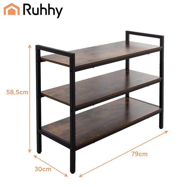 3-laags metalen schoenenrek met houten planken, 79 cm