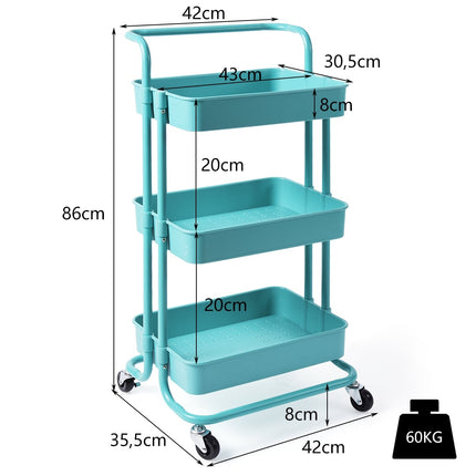 3-Tier Metal Utility Cart with Wheels, 60kg Capacity, Turquoise