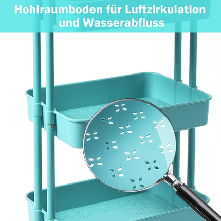 3-Tier Metal Utility Cart with Wheels, 60kg Capacity, Turquoise