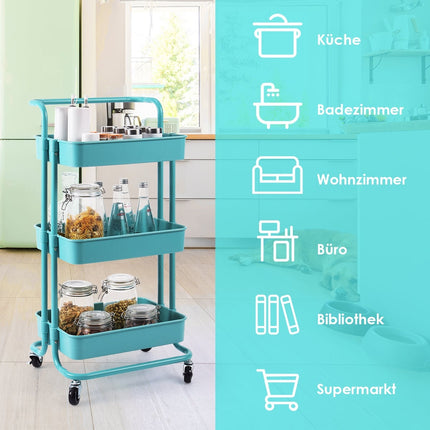 3-Tier Metal Utility Cart with Wheels, 60kg Capacity, Turquoise