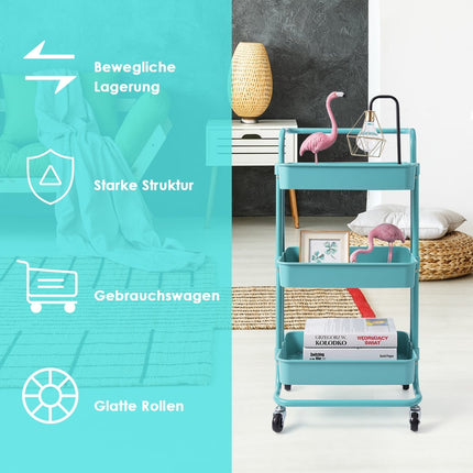 3-Tier Metal Utility Cart with Wheels, 60kg Capacity, Turquoise